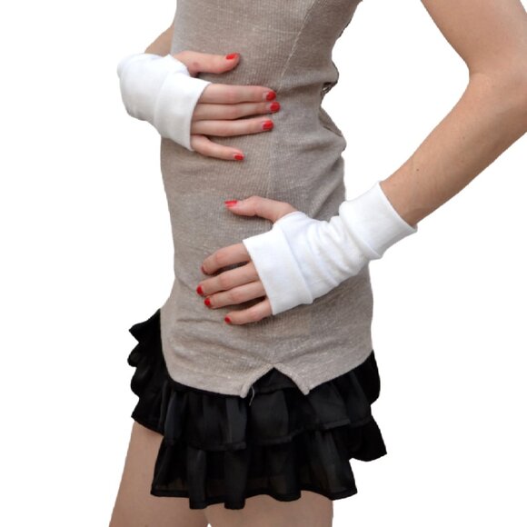 Short White Cotton Fingerless Gloves Hand Warmers Texting Non Allergy Arthritis - Picture 2 of 3